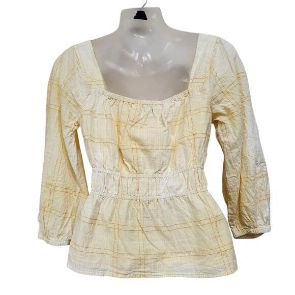 Free Assembly 3/4 Sleeve Square Neck Top Peplum Hem Cadmium Yellow Plaid Size XS - Picture 2 of 10